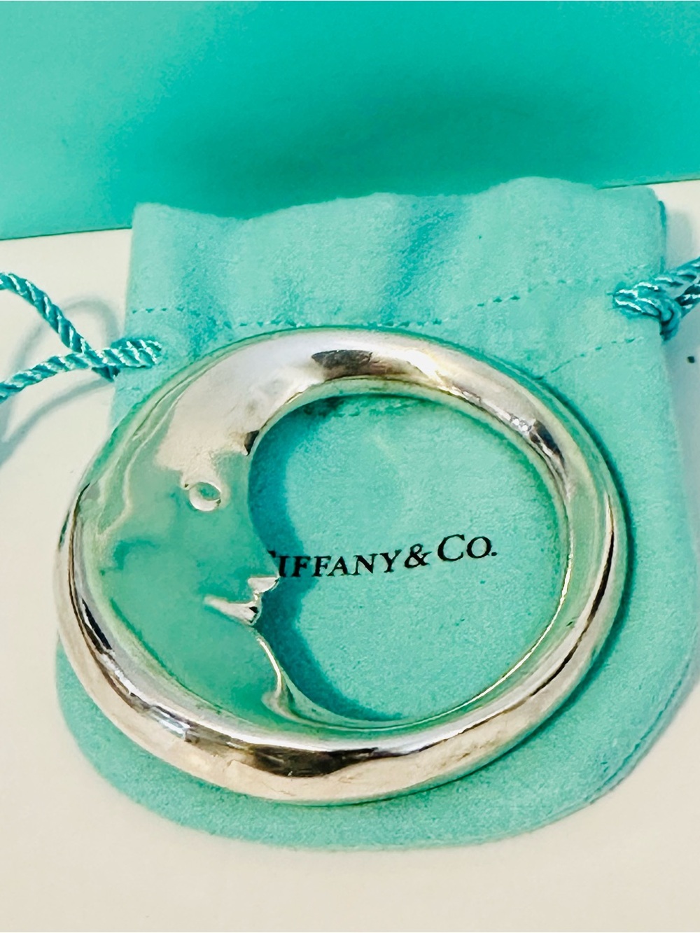Authentic Tiffany & Co. Sterling Silver Man in the Moon Baby Rattle w/ Pouch Bag